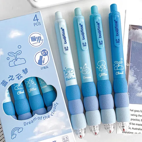 Miniatura 4 de MOZXIRZ 4 bolígrafos de gel estéticos retráctiles azules, de agarre suave, bolígrafo de tinta negra kawaii para oficina, escuela, suministros