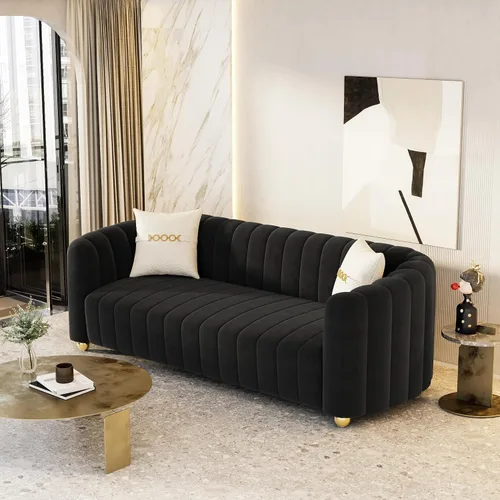 Miniatura 5 de Moderno juego de sofá de terciopelo negro de 3 piezas para sala de estar, juego de sofá curvado acolchado con patas de esfera de metal dorado