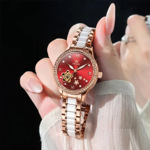 Miniatura 7 de OLEVS Relojes automáticos para mujer, reloj de vestir de lujo con diamantes para mujer, correa de cerámica de cuerda automática, impermeable, juego
