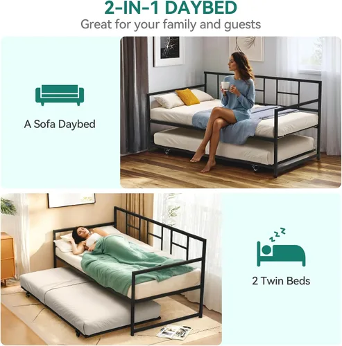 Miniatura 3 de YITAHOME Sofá cama con nido, cama individual de altura ajustable con nido extraíble, sofá cama con soporte de listones de acero para sala de estar