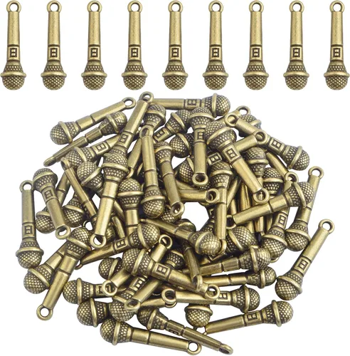 60 dijes de micrófono tibetano, dijes de aleación vintage con temática musical, accesorios para bricolaje, collares, pulseras, llavero, decoración