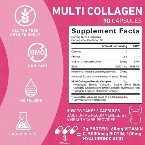 Miniatura 4 de PUREFINITY Péptidos de colágeno para mujeres, tipo I, II, III, V y X con biotina y ácido hialurónico, apoya la piel, huesos, cabello y uñas