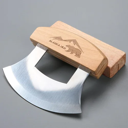 Miniatura 7 de Cuchillo Ulu Mezzaluna de Alaska de 5 pulgadas, Cortador Rebanador Picador Balancín para Verduras de Ensalada, Troceado Picado Picado Fino Cuchilla