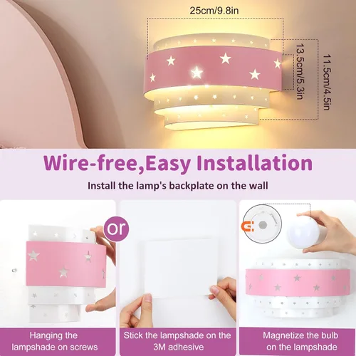 Miniatura 6 de Lightess Aplique de pared rosa que funciona con pilas para habitación de niñas, lámpara de pared LED regulable con forma de estrella, lámpara