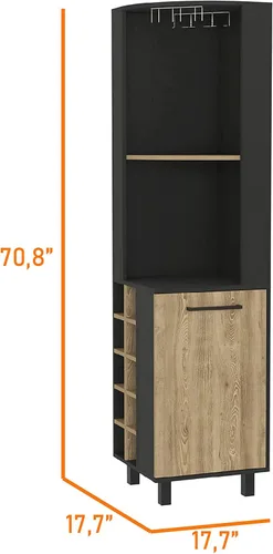 Miniatura 3 de FM FURNITURE Leah Armario esquinero para bar con 2 estantes abiertos, 2 estantes interiores, estante de vidrio y 10 cubos de vino, negro/pino