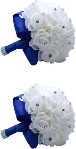 Miniatura 19 de S_SSOY Ramo de boda de cristal PE rosas para novia, dama de honor, flores de mano para fiesta, iglesia, día de San Valentín, azul marino