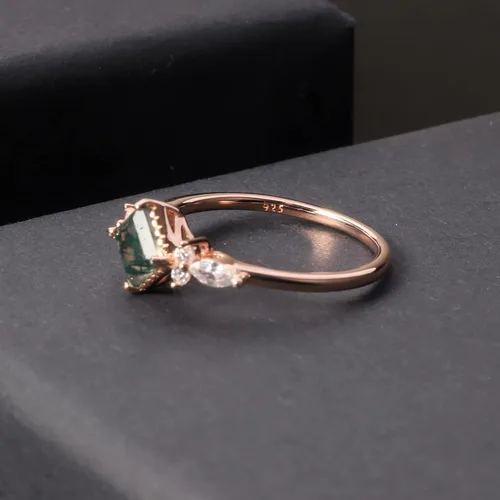 Miniatura 5 de Gem's Beauty Anillos de compromiso de ágata musgo verde de 14 quilates, oro rosa de 14 quilates, plata de ley 925, anillo de compromiso de tres
