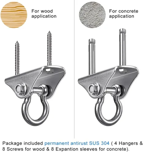 Miniatura 4 de BeneLabel Paquete de 4 Colgadores Giratorios de Acero Inoxidable para Montaje en Techo con Capacidad de 1000 LB Giro de 180° Herrajes de Columpio