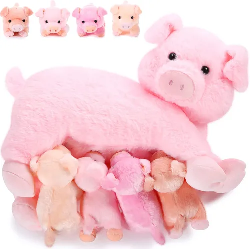 Honoson - Cerdo de peluche con bebés, lindo cerdo mamá de enfermería de peluche con 4 juguetes magnéticos de peluche para niños, niños y niñas,