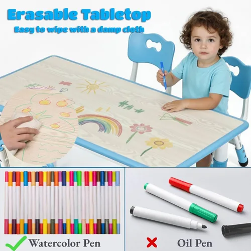 Miniatura 3 de Arlopu Juego de mesa y 6 sillas para niños, escritorio de graffiti ajustable en altura, mesa de manualidades para actividades preescolares, para Azul