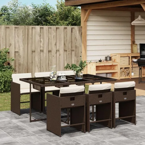 Miniatura 10 de 11-Piece Brown Poly Rattan Patio Dining Set with Cream Cushions Outdoor Furniture Foldable Chairs Tempered Glass Table for Garden Backyard Patio