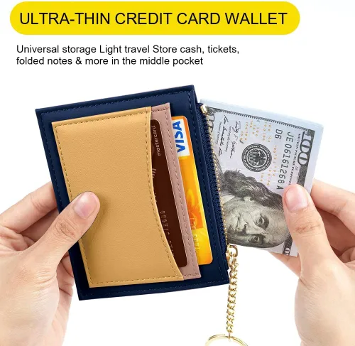 Miniatura 14 de URAQT Cartera para tarjetas de crédito, cartera minimalista de cuero delgado con cremallera, mini protector de tarjeta de crédito, llavero bolsillo