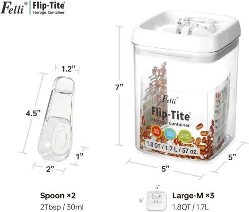 Miniatura 5 de Felli Flip Tite - Contenedor de almacenamiento con cuchara integrada y tapa hermética de 5 pulgadas, anillo grande y M, recipiente acrílico apilable
