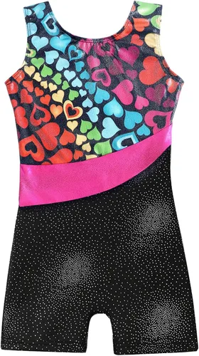 Leotardo de gimnasia con shorts para niñas, sin mangas, para ciclismo, diseños de mariposas, flores, con brillo, color negro con rosa (Hotpink Black)