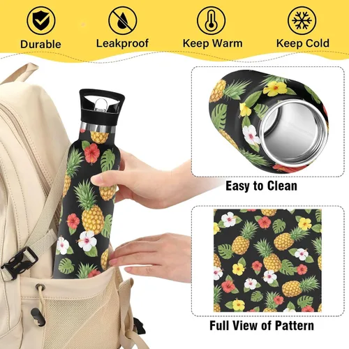 Miniatura 4 de Kids Water Bottle Leakproof Insulated Water Bottle with Straw 20oz, BPA-Free, Yellow Pineapples Colorful Hibiscus