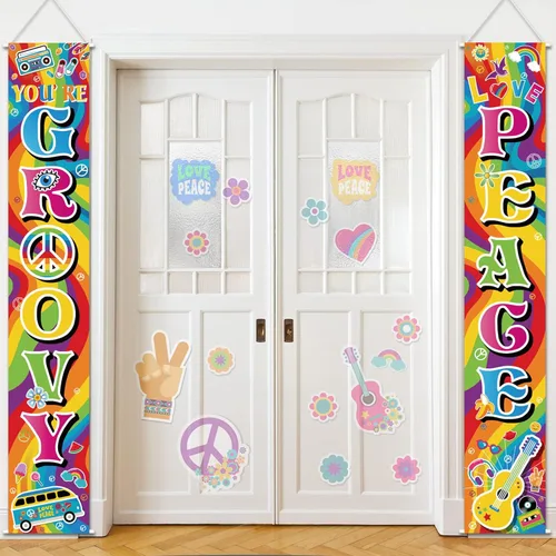 Blulu Decoración de pared hippie para fiestas de los años 60, letrero de porche de los años 60, letrero de puerta de fiesta para decoración de