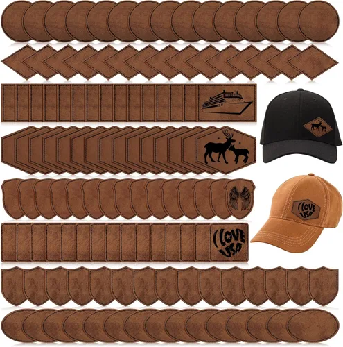 Giegxin 120 Piezas Parches de Cuero Sintético Rústico para Sombreros con 8 Tipos de Formas de Grabado Láser en Blanco, Parche Adhesivo para Tela,