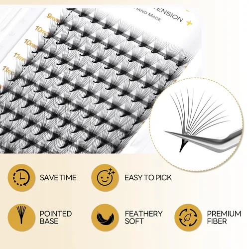 Miniatura 2 de Extensiones de pestañas postizas en abanico 6D 8D 10D 12D, grosor de 0.003 in, rizo D, pestañas de volumen, pestañas hechas a mano, abanicos