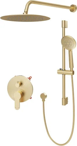 Gabrylly Sistema de ducha dorado, juego de grifo de ducha con barra deslizante con cabezal de lluvia de alta presión de 10 pulgadas y rociador de
