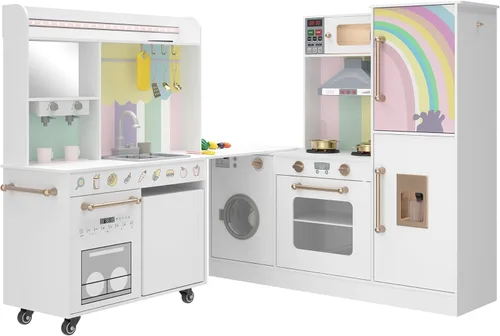 Miniatura 8 de BVIUNTWO Juego de Cocina de Juguete Grande, Juego de Cocina para Niños de Esquina Giratorio con Luces y Sonidos Reales, Fregadero de Juguete