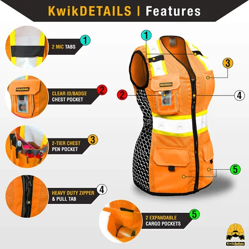 Miniatura 3 de KwikSafety QUEEN BEE - Chaleco de seguridad para mujer [naranja, XL] + paquete de casco duro de ala completa TORTOISE