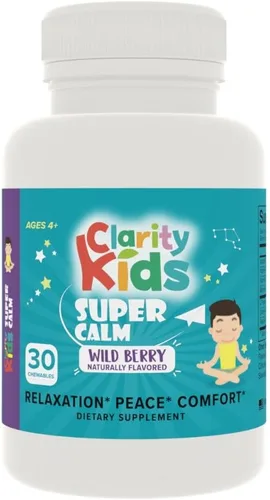 Clarity Kids Super Calm | Vitamina masticable de magnesio para niños, enfoque cómodo y relajación, suplemento calmante totalmente natural con