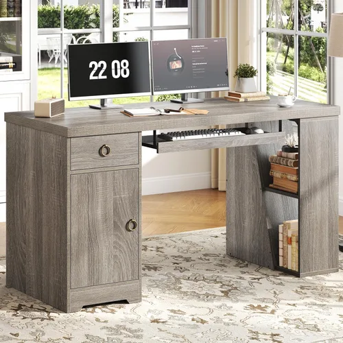 Miniatura 2 de HSH Escritorio para computadora de oficina de 55 pulgadas con cajones, escritorio ejecutivo gris rústico con estantes de almacenamiento y gabinete