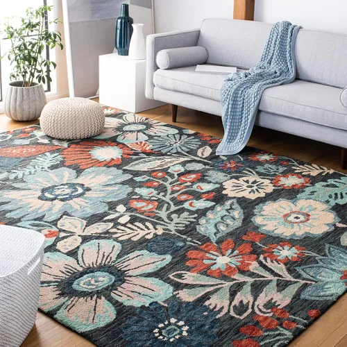 Miniatura 9 de SAFAVIEH Jardin Collection - Alfombra de pasillo, 2 pies 3 pulgadas x 8 pies, carbón y azul, hecho a mano, lana floral y algodón, ideal para zonas