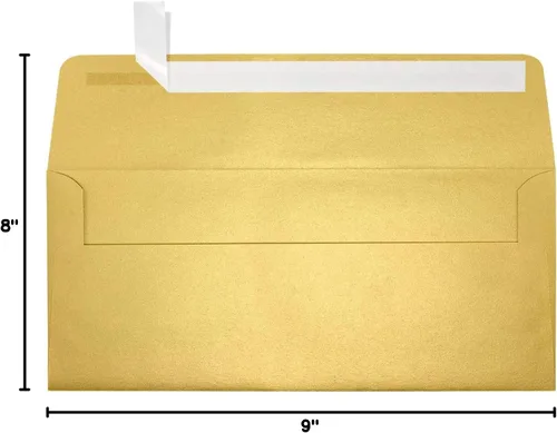 Miniatura 3 de LUXPaper Sobres comerciales #10 Despegar y prensar 4 1/8 pulgadas x 9 1/2 pulgadas Oro metálico Texto de 80 libras 50 unidades Dorado