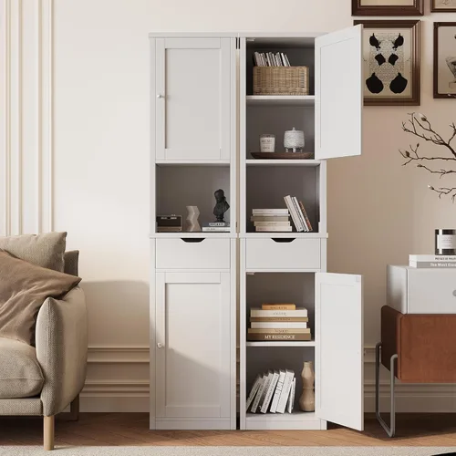 Miniatura 4 de Shintenchi Armario de almacenamiento alto para baño, gabinete de piso delgado de esquina con puertas y cajón, organizador de baño estrecho Blanco