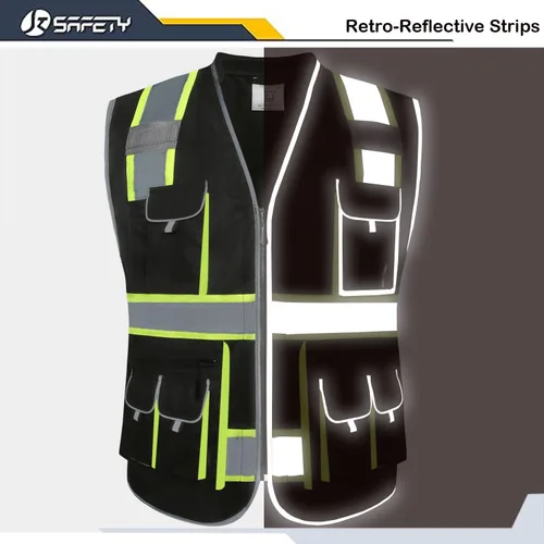 Miniatura 3 de JKSafety - Chaleco de seguridad negro con cierre frontal y 10 bolsillos, cuello acolchado, cintas altamente reflectantes con tiras amarillo neón