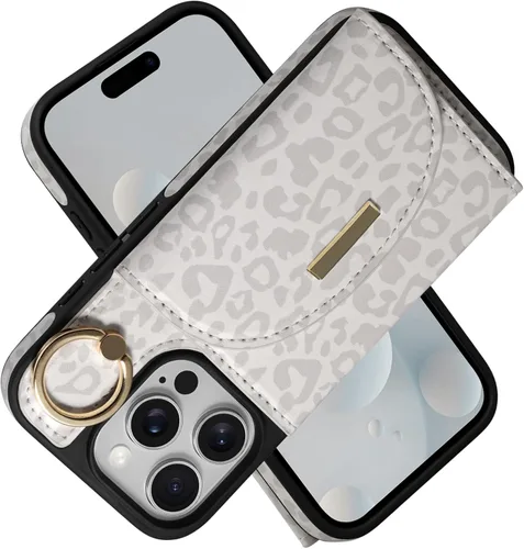 Miniatura 40 de Funda tipo cartera para iPhone 15 Pro de 6.1'', funda plegable con ranuras para tarjetas, soporte con anillo y atril, cubierta protectora tipo folio
