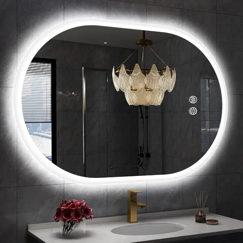 Miniatura 10 de S'bagno Espejo LED ovalado de 20 x 32 pulgadas para baño con luz delantera y trasera, antivaho, 3 colores de temperatura y regulable, espejo de baño