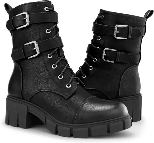 Miniatura 3 de Tobfis Botas de combate para mujer con hebilla lateral y tacón grueso, Negro, 0