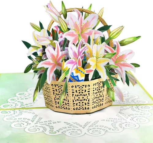 Miniatura 16 de GREETING ART Tarjeta desplegable de Pascua, diseño de ramo de conejo de cruz de lirio colorido 3D, tarjetas de felicitación de ramo de Pascua 3D