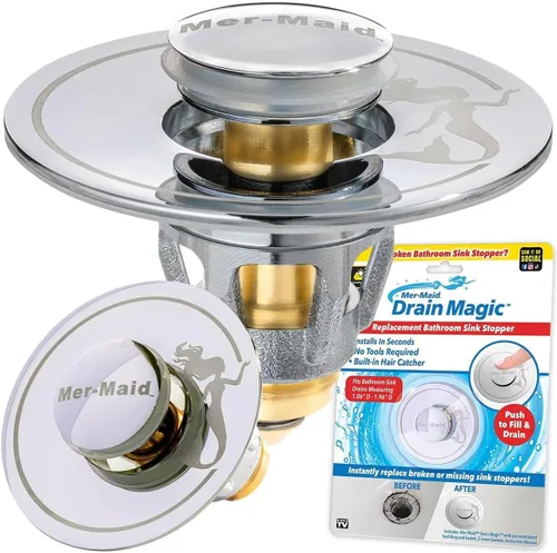 Mer-Maid Drain Magic AS-SEEN-ON-TV reemplaza los tapones de drenaje de baño rotos o faltantes en segundos, sin herramientas, empuja para llenar,