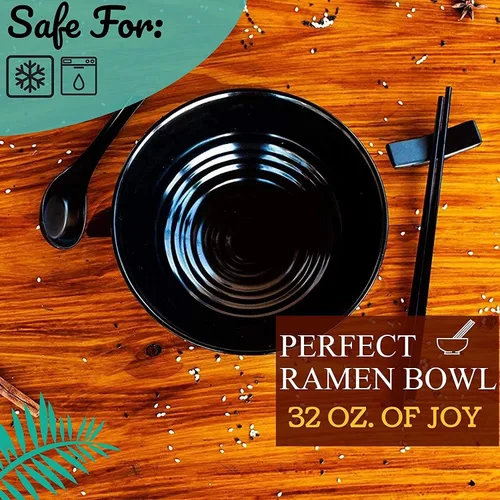 Miniatura 7 de Juego de 4 cuencos de ramen, 12 piezas Pho. Sopa japonesa asiática negra. Utensilio: cucharas y palillos. Melamina. Fideos grandes de 37 oz, arroz