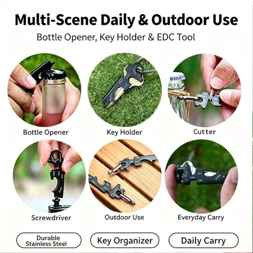 Miniatura 6 de Llavero EDC de acero inoxidable 8 en 1 con pinzas, destornilladores, abridor de botellas, cortador de cuerda y lima de uñas, mini herramienta