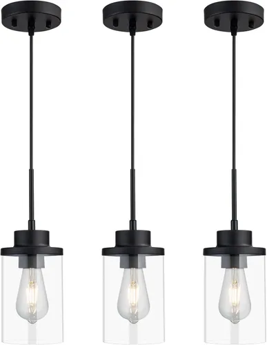 Miniatura 10 de Moderna Lámpara Colgante de Granja Negra de Vidrio Transparente Cilíndrico, Iluminación Colgante de Metal Industrial Mini para Isla de Cocina, Mesa