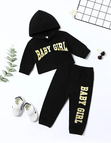 Miniatura 4 de Menglang Conjunto de sudadera corta con capucha y pantalones para niña pequeña para otoño e invierno