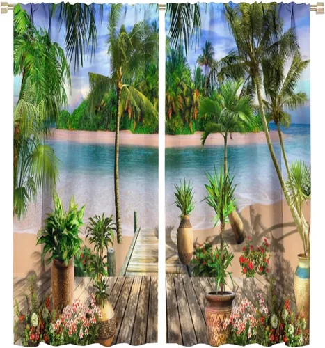 Miniatura 26 de Cortinas de playa con estampado de plantas tropicales y árboles de coco, paisaje natural, con bolsillo para barra, 2 paneles, decoración