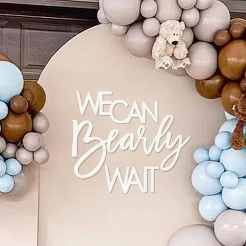 Miniatura 7 de Letrero "We Can Bearly Wait" para telón de fondo - Pancarta temática de oso de peluche para fiesta de bebé, niño, niña, baby shower, revelación