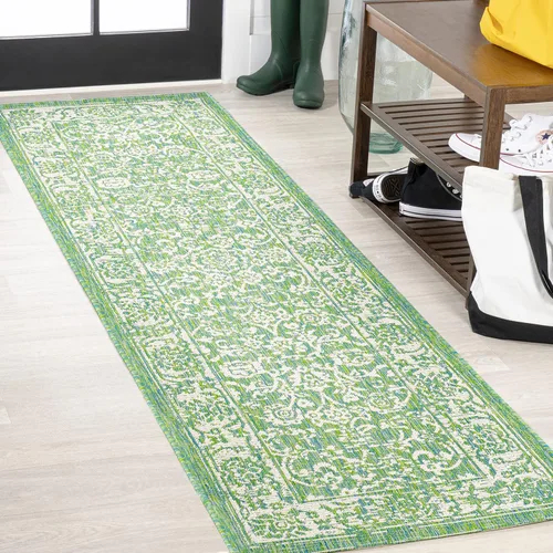 Eyely BMS100F-28 - Alfombra de pasillo de tela bohemia con textura floral para interiores y exteriores, estilo costero, vintage, glamour, Crema/Verde