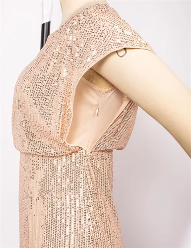 Miniatura 5 de JASAMBAC Vestido de lentejuelas para mujer, cuello redondo, manga corta, con purpurina brillante, con abertura, cintura elástica, vestido de cóctel