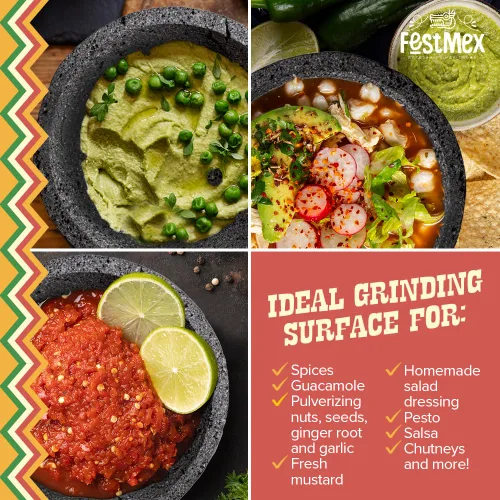 Miniatura 5 de Juego Auténtico de Mortero y Pilón Mexicano Hecho a Mano de 8 Pulgadas con Base Plana, Molcajete Mexicano — Utensilio de Cocina Mexicano Perfecto