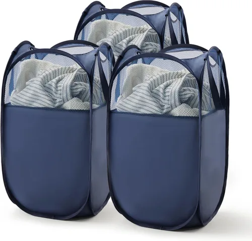 Miniatura 25 de TECHMILLY Cesta plegable de malla para la ropa sucia con asas resistentes y bolsillo lateral, cestas plegables portátiles para ropa para dormitorio