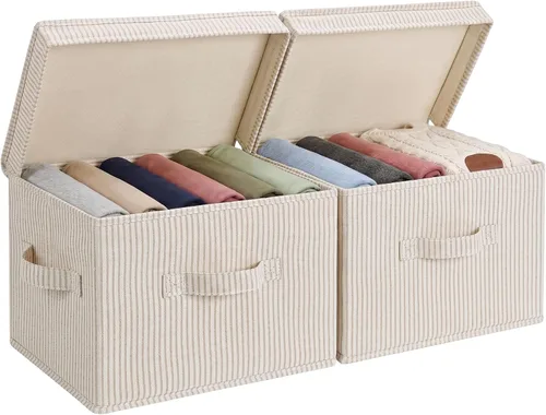 Miniatura 15 de StorageWorks Contenedores de almacenamiento de tela con tapa, cajas de almacenamiento decorativas para estantes, cesta organizadora de armario Beige
