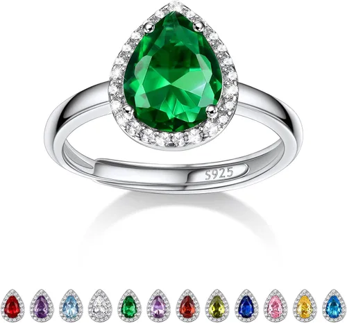 925 Sterling Silver Birthstone Rings for Women Girls with Clear 2ct HeartRoundTeardropSquare Crystal, Solitaire Diamond Halo Open Bands Cubic