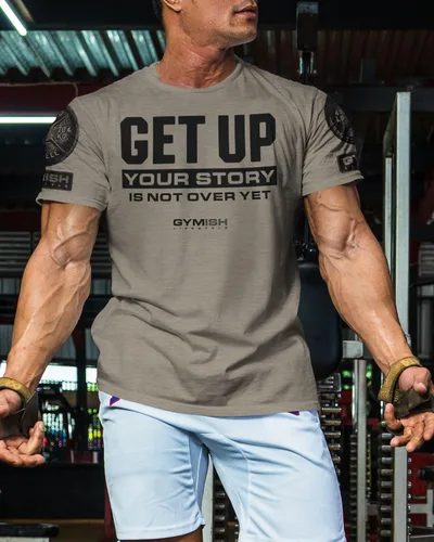 Miniatura 3 de Camisetas de entrenamiento para hombres, Get Up Your Story is Not Over Yet, camiseta divertida de levantamiento de pesas, 3. Get Up Warm Grey Branded