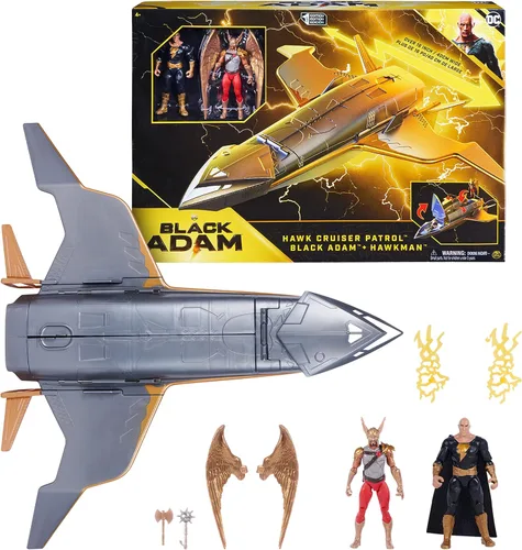 DC Comics, Hawk Cruiser Patrol, incluye figuras de acción Black Adam y Hawkman, más de 16 pulgadas de ancho, primera edición, juguetes de Deluxe